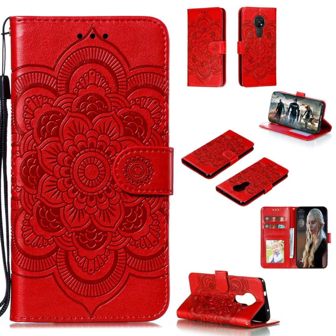 For Nokia 7.2 Mandala Embossing Pattern Horizontal Flip Leather Case with Holder & Card ... (Red)
