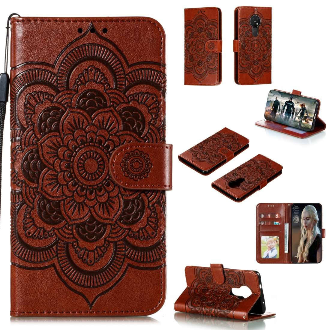 For Nokia 7.2 Mandala Embossing Pattern Horizontal Flip Leather Case with Holder & Car ... (Brown)