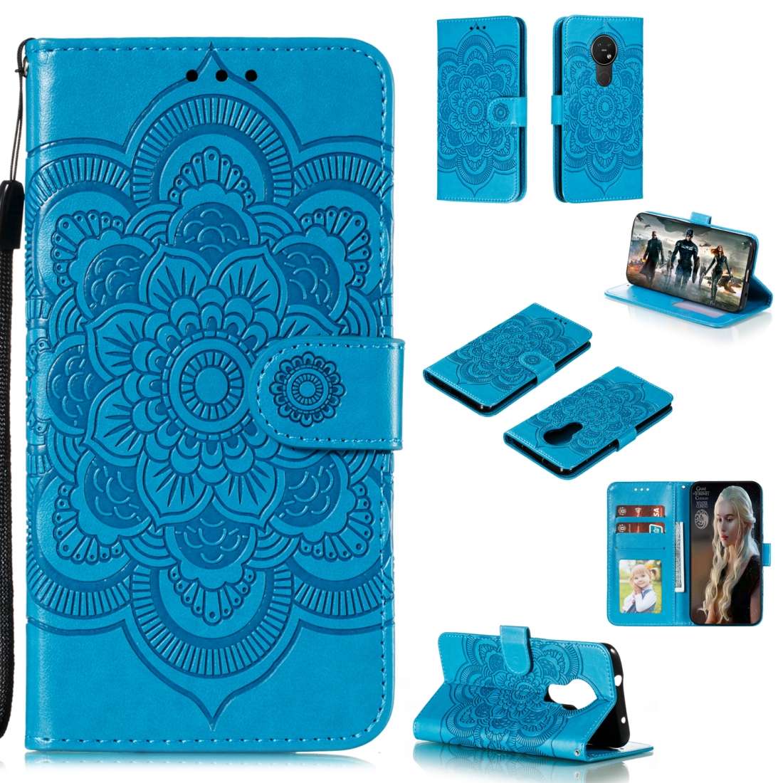 For Nokia 7.2 Mandala Embossing Pattern Horizontal Flip Leather Case with Holder & Card ... (Blue)
