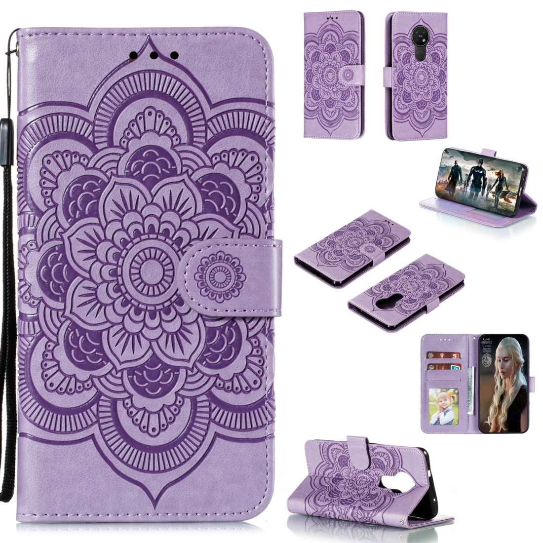 For Nokia 7.2 Mandala Embossing Pattern Horizontal Flip Leather Case with Holder & Ca ... (Purple)