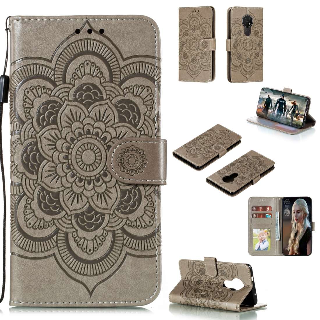 For Nokia 7.2 Mandala Embossing Pattern Horizontal Flip Leather Case with Holder & Card ... (Gray)