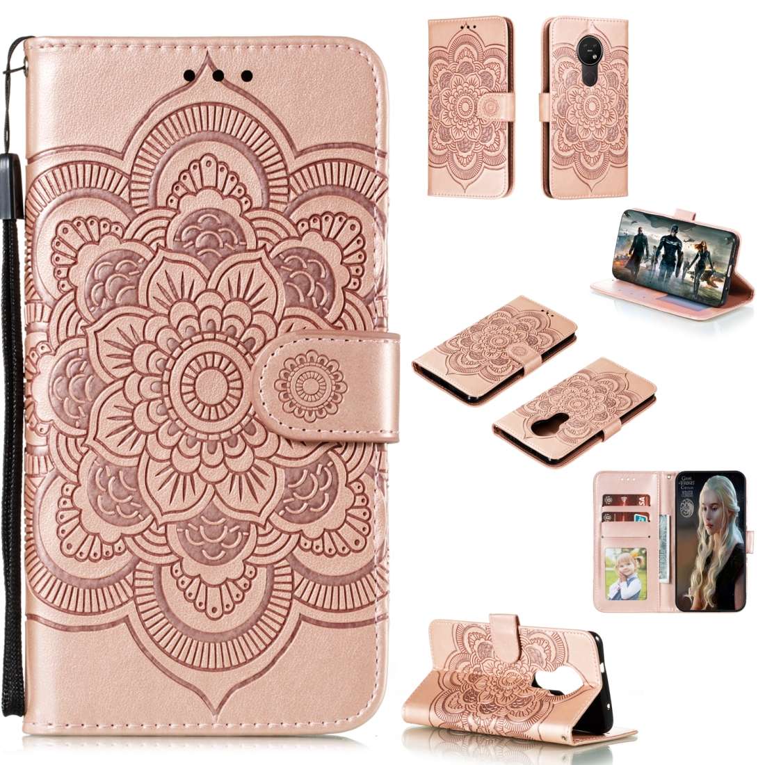 For Nokia 7.2 Mandala Embossing Pattern Horizontal Flip Leather Case with Holder & ... (Rose Gold)