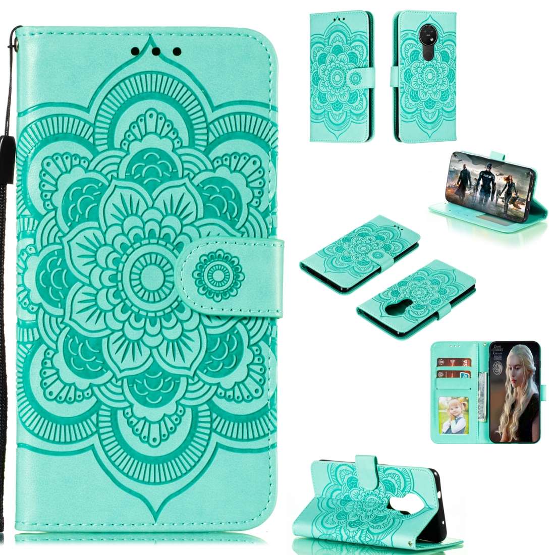 For Nokia 7.2 Mandala Embossing Pattern Horizontal Flip Leather Case with Holder & Car ... (Green)