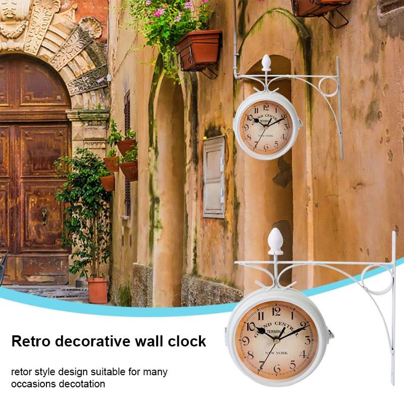 Wrought Iron Clock Vintage Decorative Double-sided Wall Clock(Black)