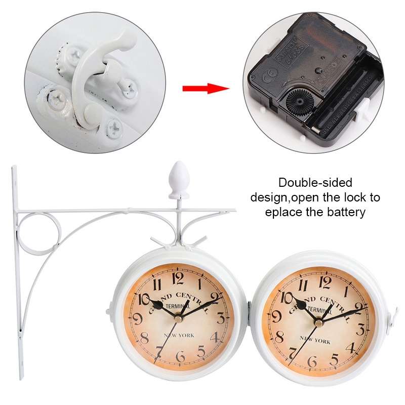 Wrought Iron Clock Vintage Decorative Double-sided Wall Clock(Black)