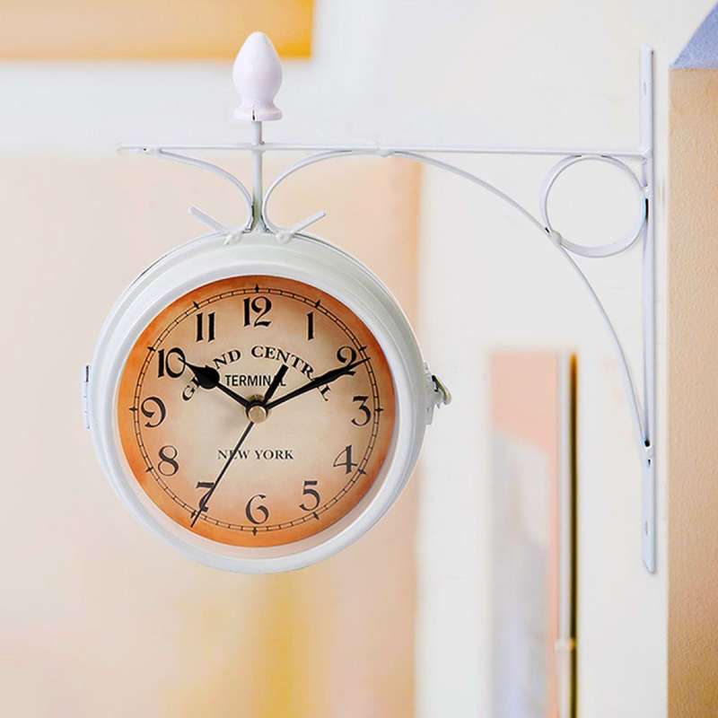 Wrought Iron Clock Vintage Decorative Double-sided Wall Clock(Black)