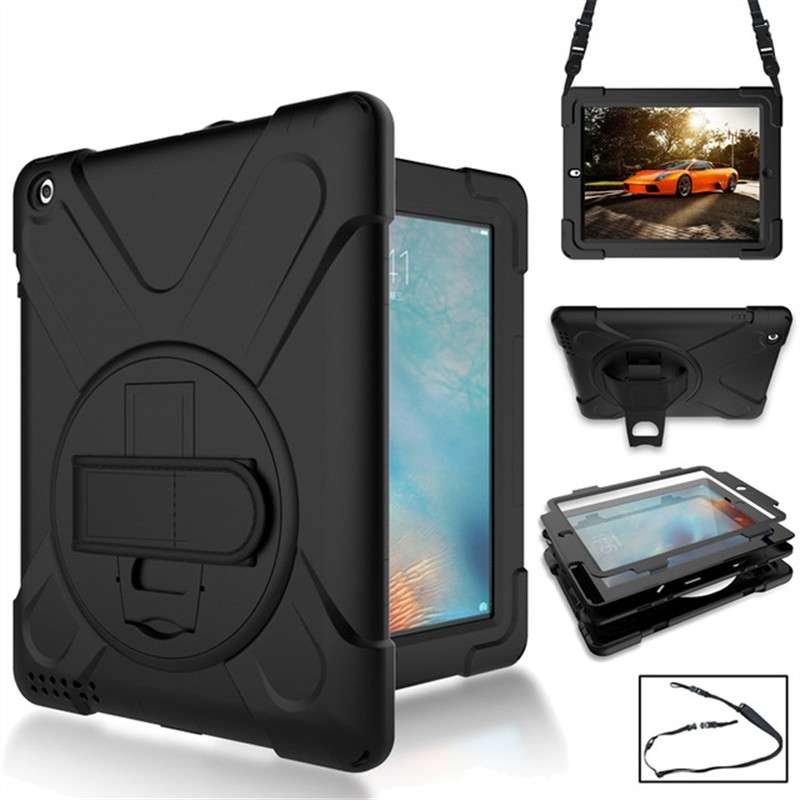 360 Degree Rotation Silicone Protective Cover with Holder and Hand Strap and Long Stra ... (Black)