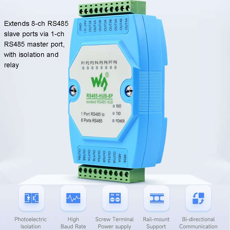 Waveshare RS485-HUB-8P Industrial-grade Isolated 8-ch RS485 Hub, Rail-mount Support, Wide Baud Rat
