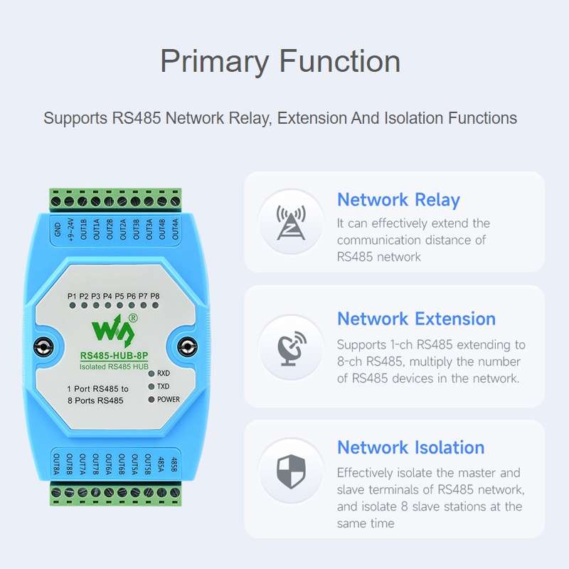 Waveshare RS485-HUB-8P Industrial-grade Isolated 8-ch RS485 Hub, Rail-mount Support, Wide Baud Rat