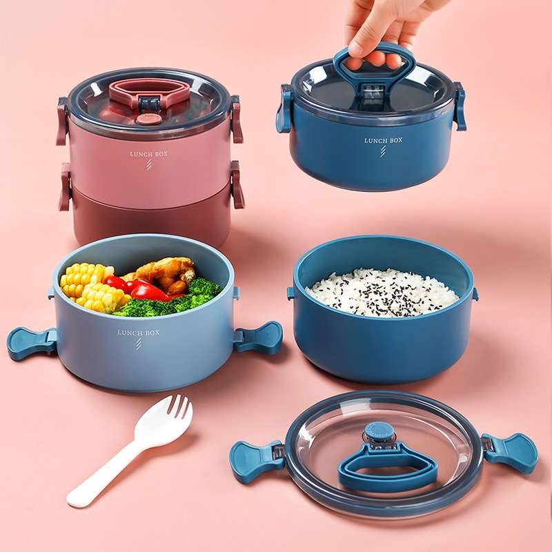 Round Portable Insulation Partitioned Lunch Box Student Office Workers Heated Microwave Oven Bento B