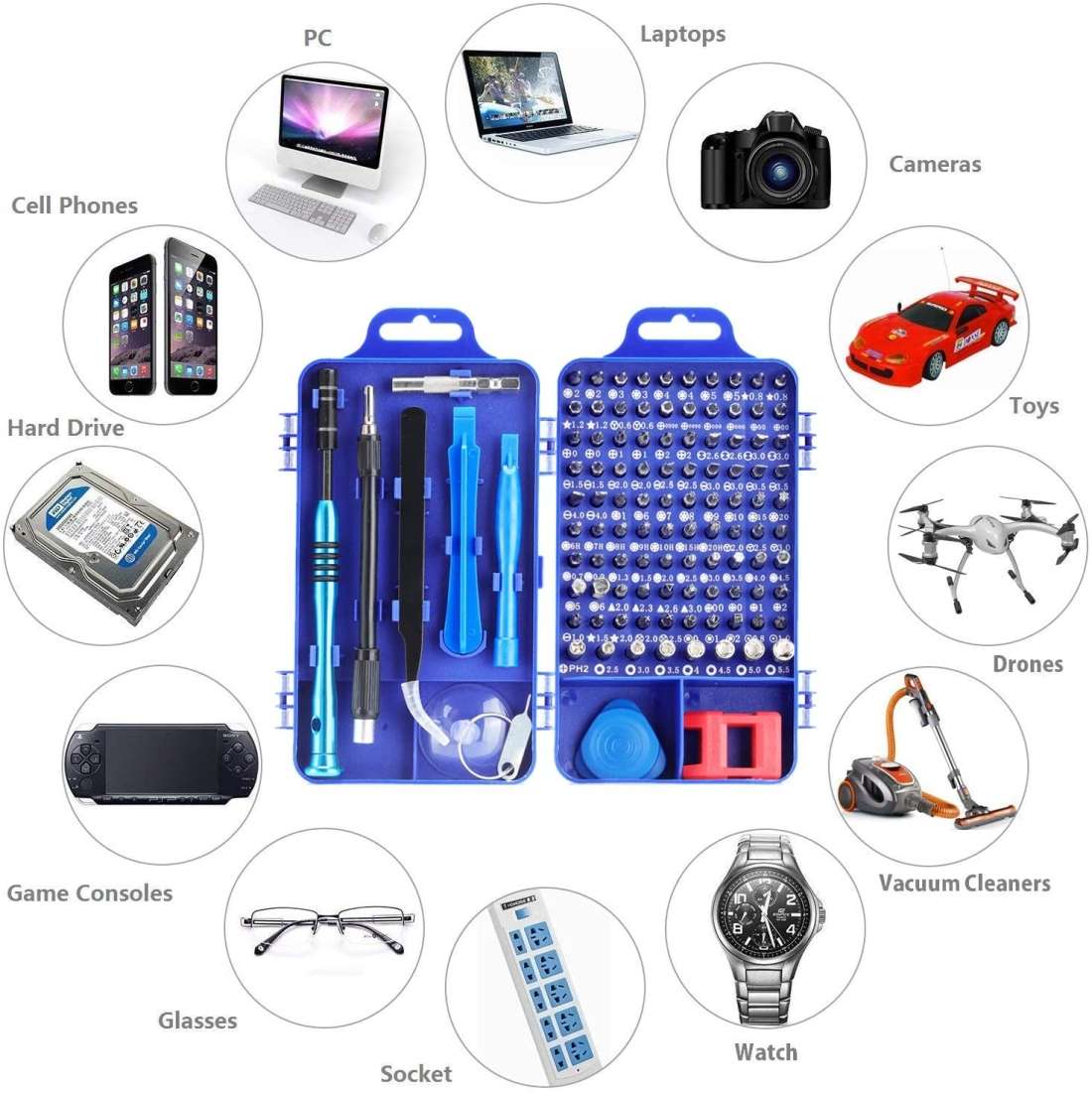 110 in 1 Watch Mobile Phone Disassembly Maintenance Tool Multi-function Chrome Vanadium ... (Blue)