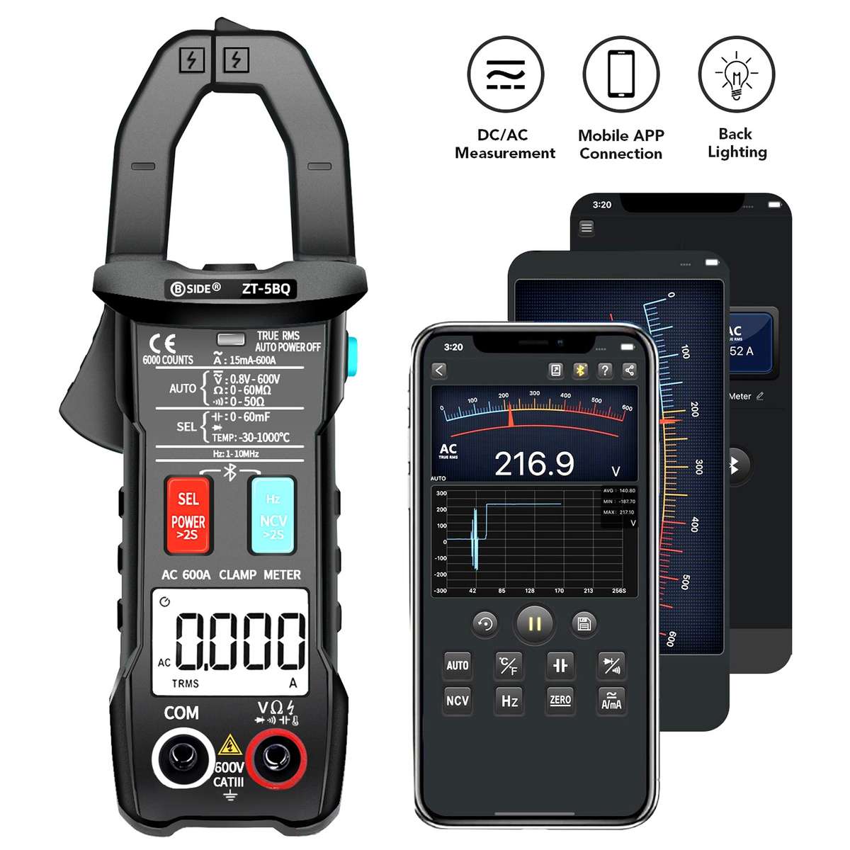 BSIDE Bluetooth 5.0 6000 Words High Precision Smart AC Clamp Meter, Specification: ZT-5BQ+C3140 Cli