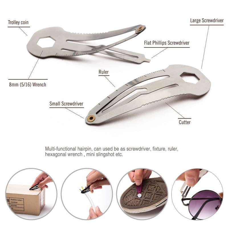 2 PCS 8 in 1 Multifunctional Hair Clip Outdoor Self-Defense First Aid Tool(Silver)