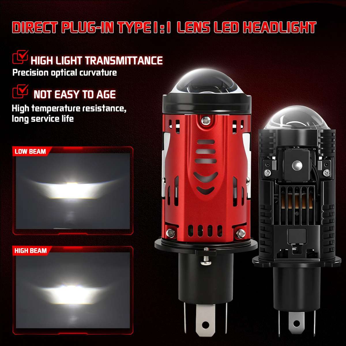 48W High-power LED Spotlight H4 Car Headlight With Solenoid Valve(Black)