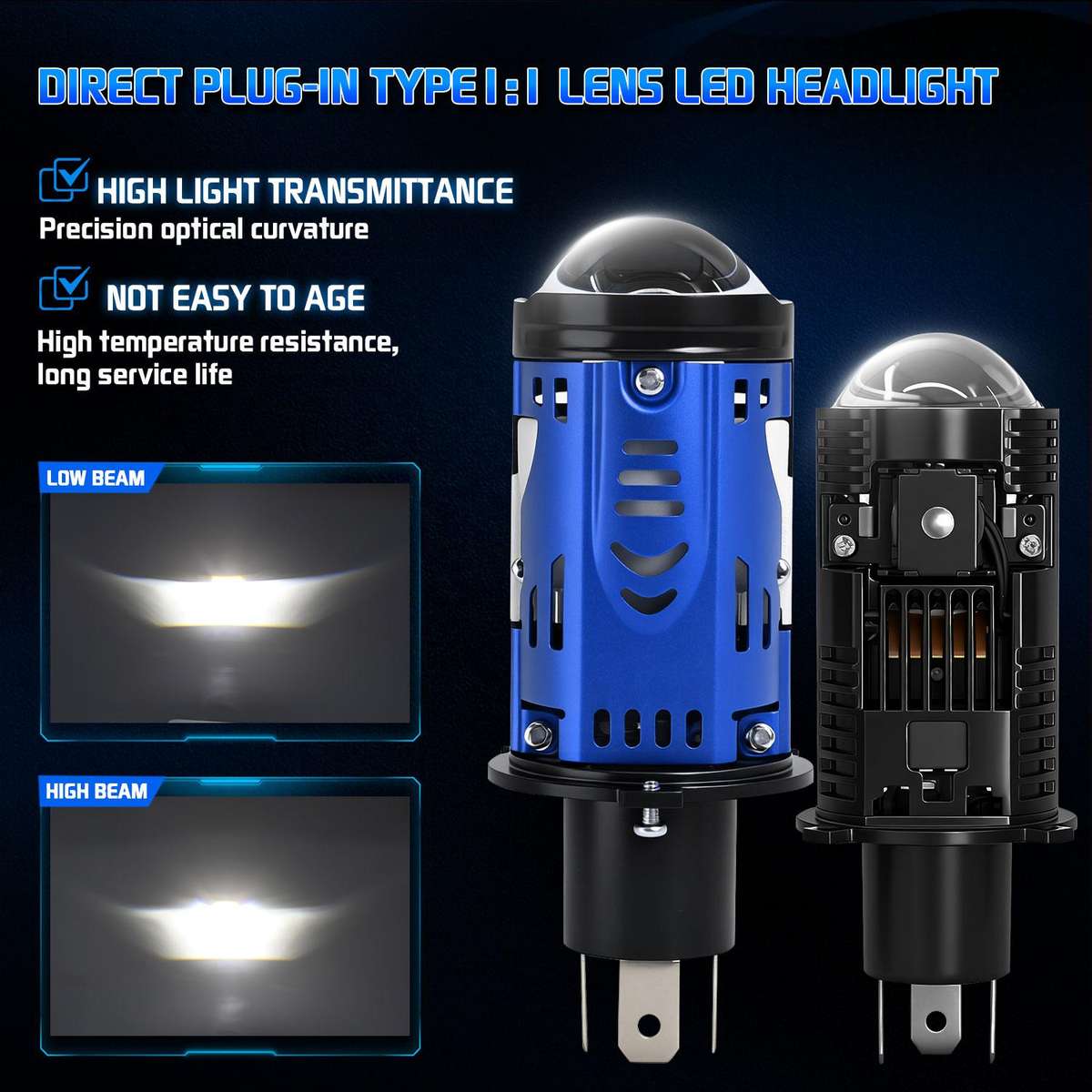 48W High-power LED Spotlight H4 Car Headlight With Solenoid Valve(Black)