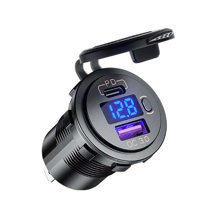 12V Modified Car USB Charger With Voltage Display PD QC3.0 Socket(With Terminal Blue Light)