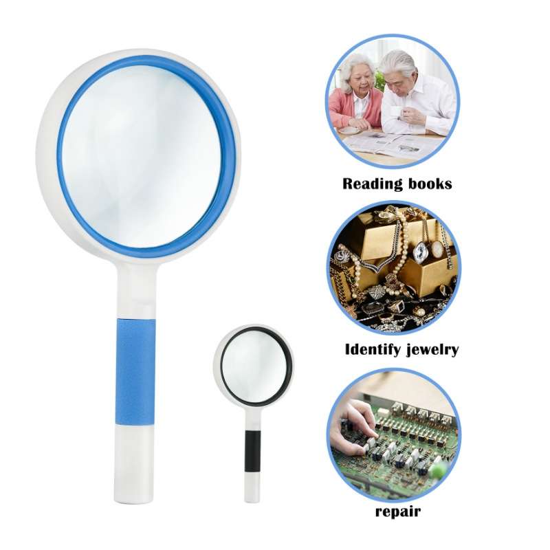 Hand-Held Reading Magnifier Glass Lens Anti-Skid Handle Old Man Reading Repair Id ... (Blue White)
