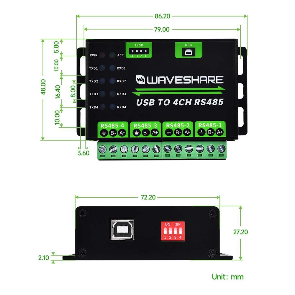 Waveshare 25219 Industrial USB To 4Ch RS485 Converter