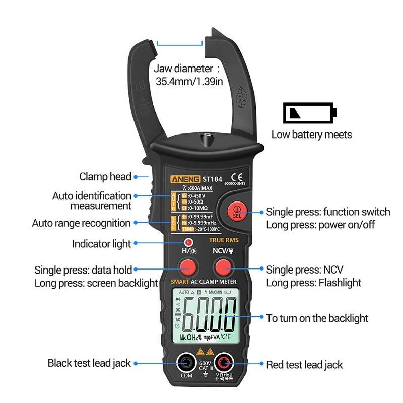 ANENG ST184 Automatically Identify Clamp-On Smart Digital Multimeter(Red)