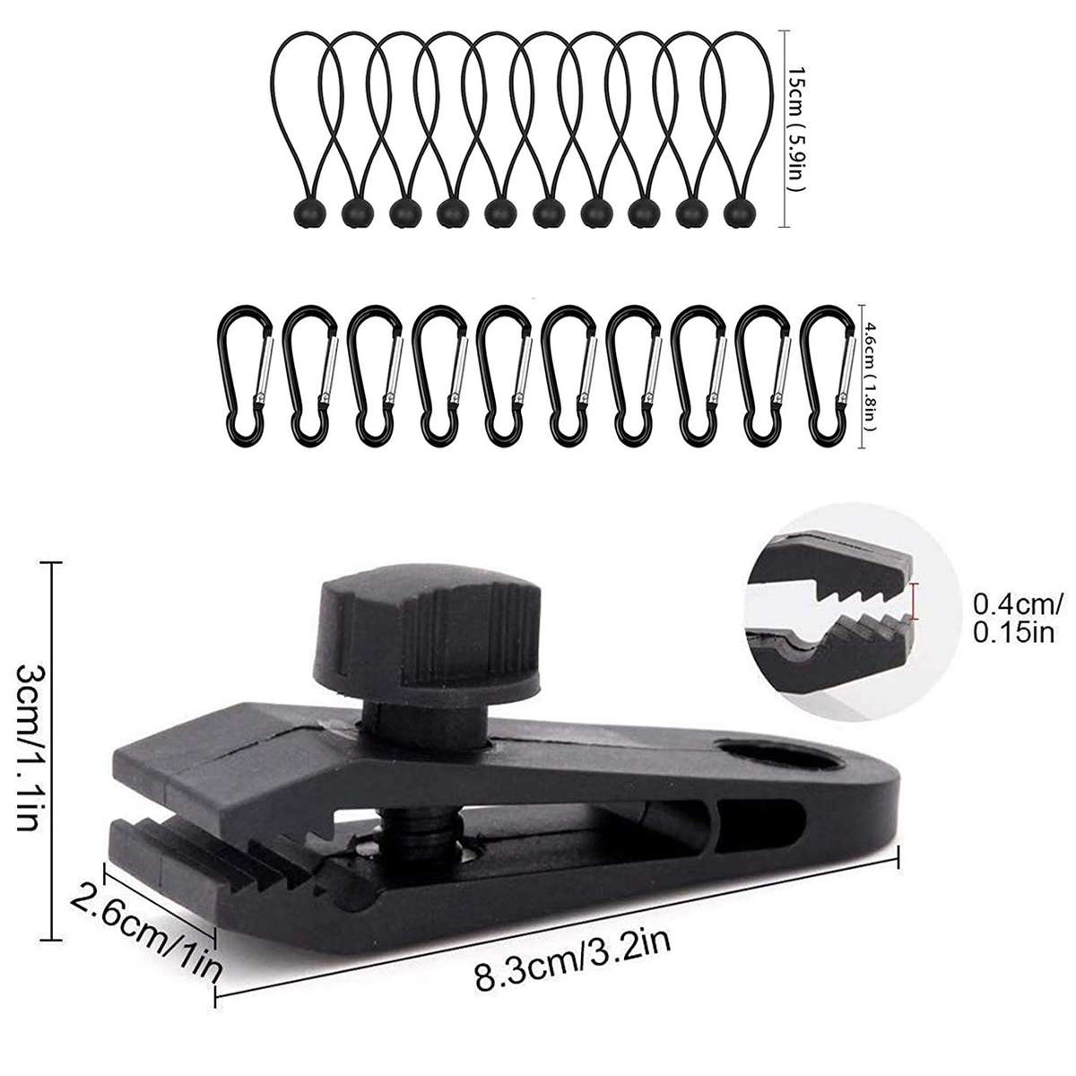 Windproof Canopy Fixed Tent Clip Rope Buckle Set 10 Clips+10 Black Ropes+10 Black PP Fast Hangings