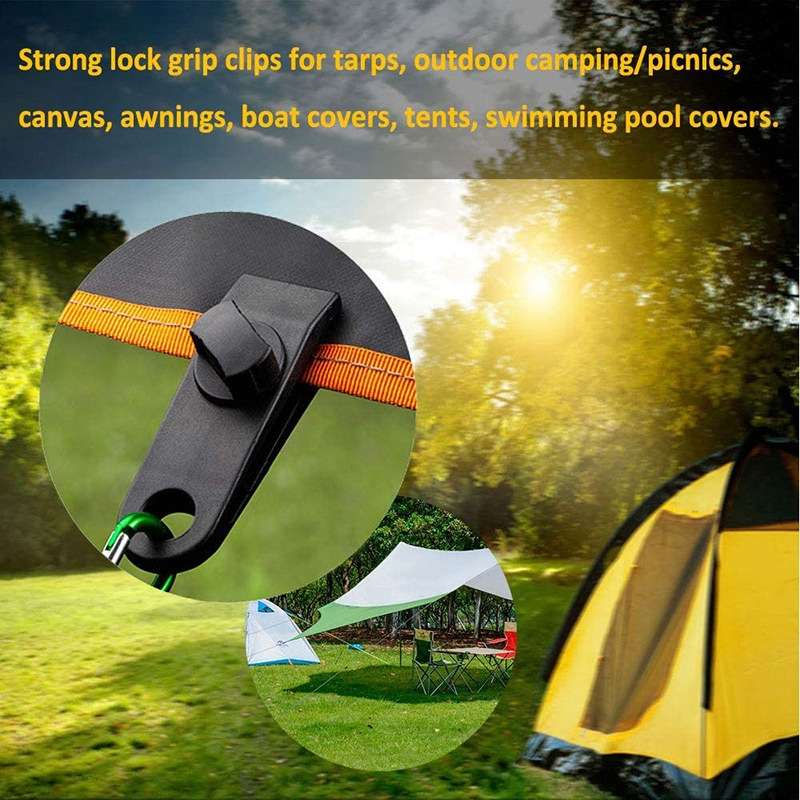 Windproof Canopy Fixed Tent Clip Rope Buckle Set 10 Clips+10 Black Ropes+10 Black PP Fast Hangings