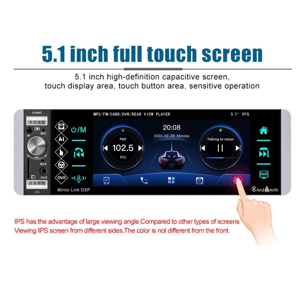 A2905 5.1 inch IPS Capacitive Screen Single Butt Carplay Player, Style: Standard+8 Light Camera