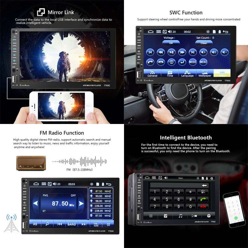 7703C 7 inch Car Double Butt Universal MP5 Bluetooth Player, Style: Standard+12 Light Camera