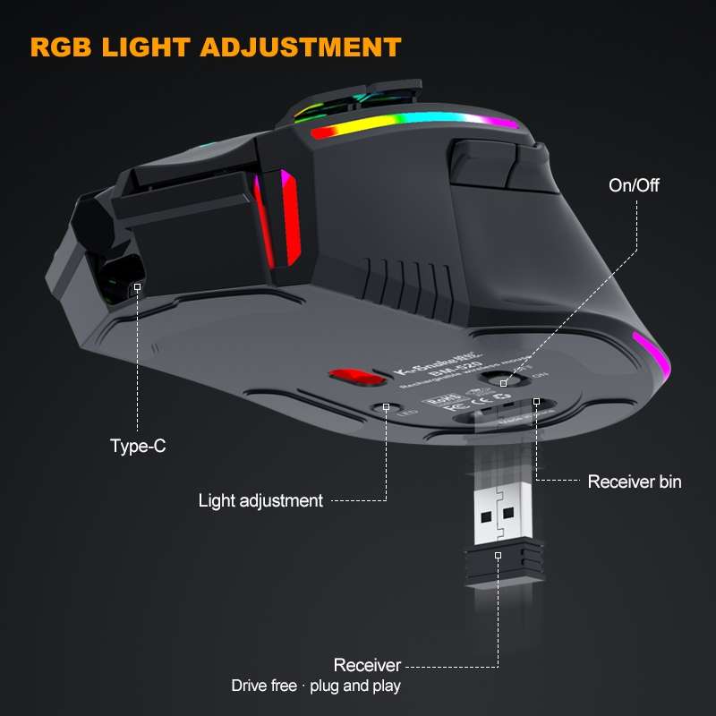K-Snake BM520 9-button 3200DPI 2.4G RGB Wireless Dual-mode Gaming Mouse(Black)