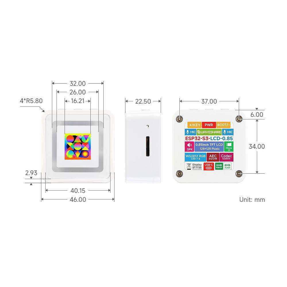 Waveshare ESP32-S3 Development Board With 0.85-Inch LCD 128×128, Dual Mic Array, Wi-Fi/BLE 5, AI...