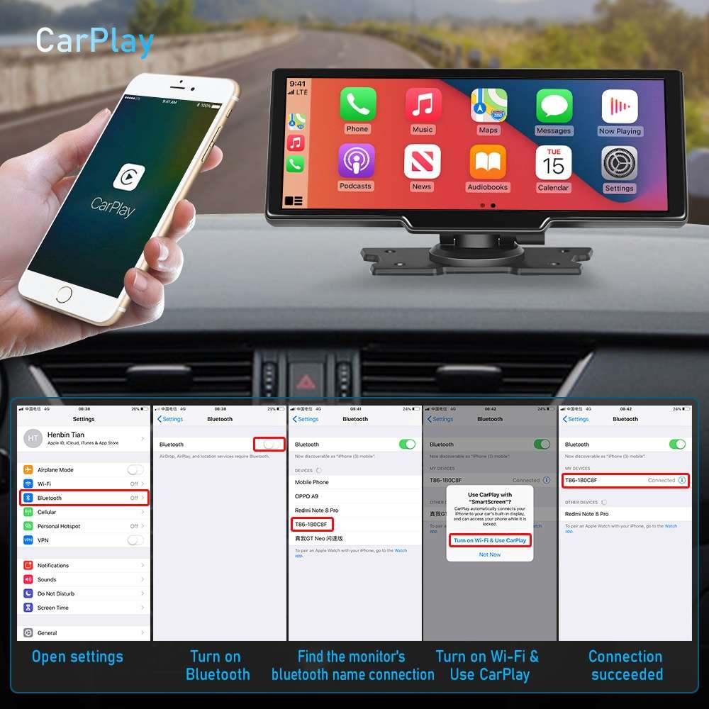 A3073 HD Wired 9.3 Inch 1 To 1 Smart Player With Wireless Carplay Two-way Video Split-screen Display