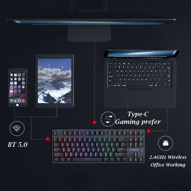 Ajazz AK40pro 87 Keys Bluetooth/Wireless/Wired Three Mode Game Office Mechanical Keyboard Blue Ligh