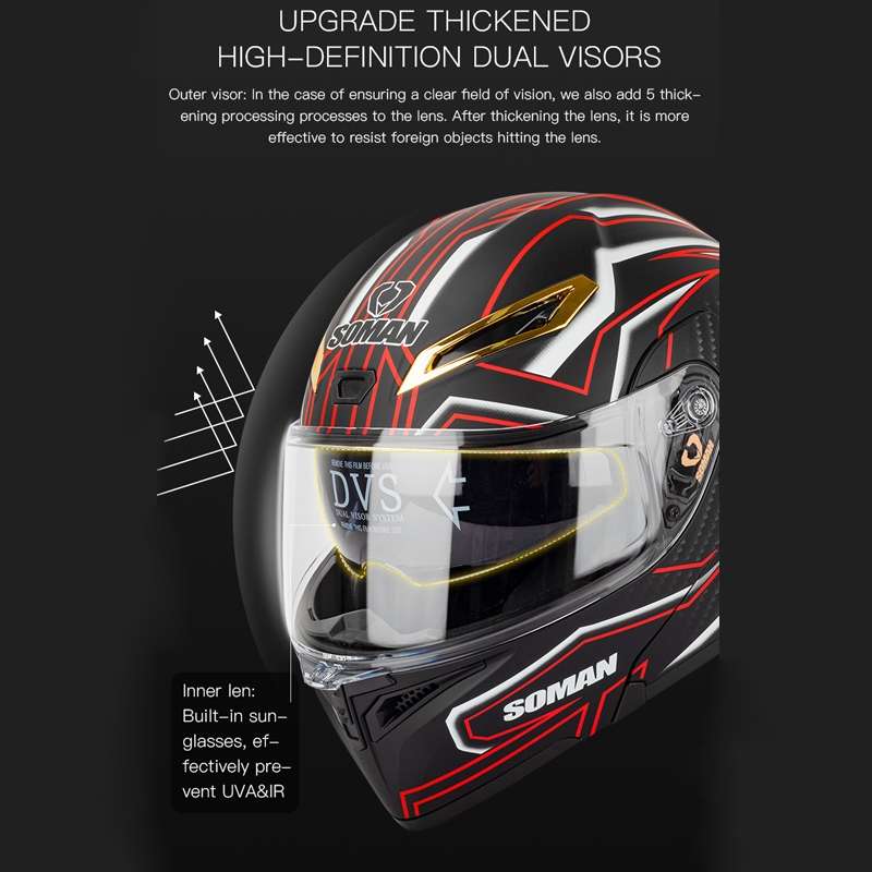SOMAN Motorcycle Dual Lens Riding Peel-Off Full Coverage Helmet, Size: L(Black Gray Track)