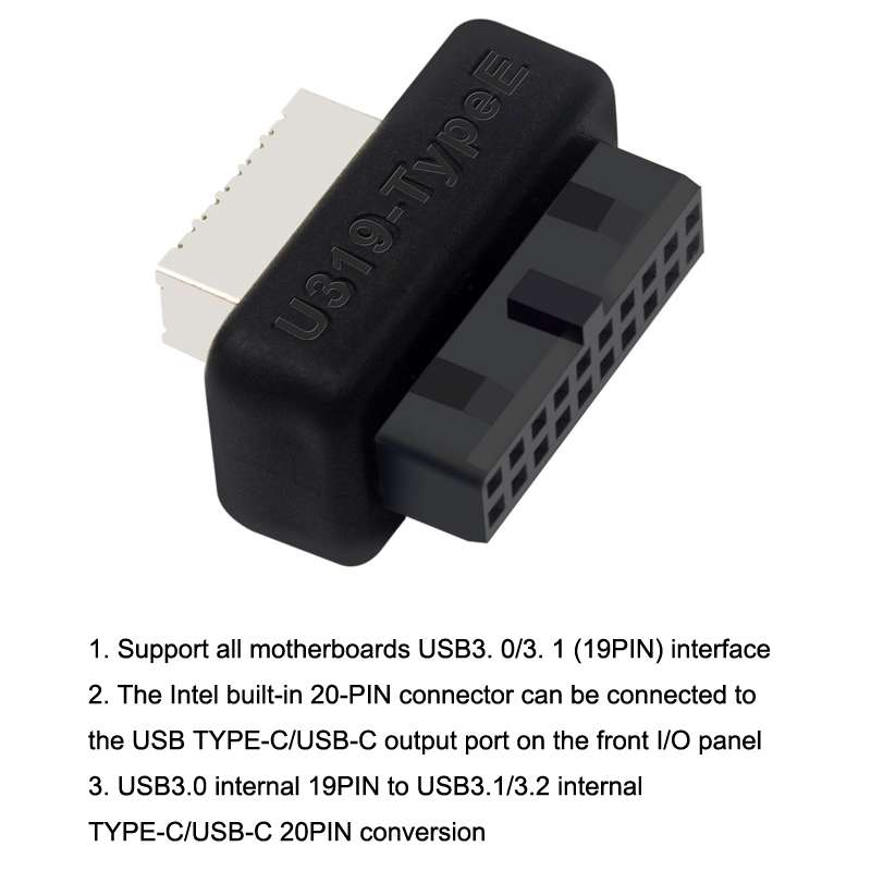 2pcs Mainboard USB3 19P/20P to TYPE-E Adapter Chassis Front TYPE-C/USB-C Plug Port(Black)
