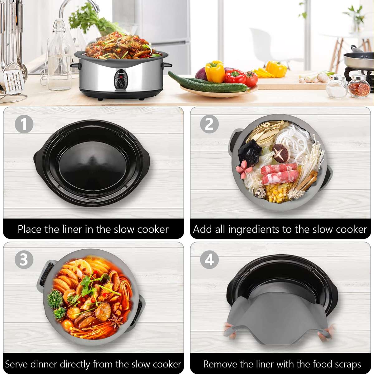 8QT Silicone Slow Cooke Liners Reusable Leakproof Crock Pot Liners(Gray)