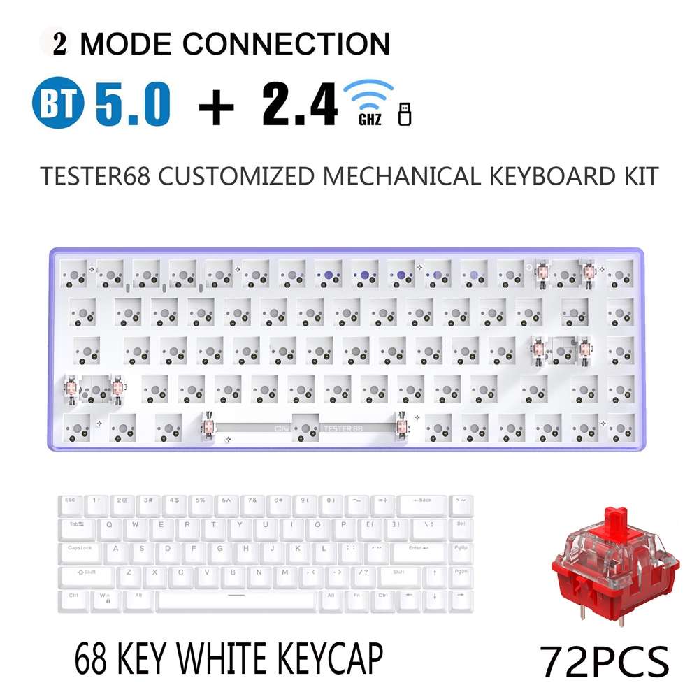 Dual-mode Bluetooth/Wireless Customized Hot Swap Keyboard Kit + Red Shaft + Keycap, Color: White
