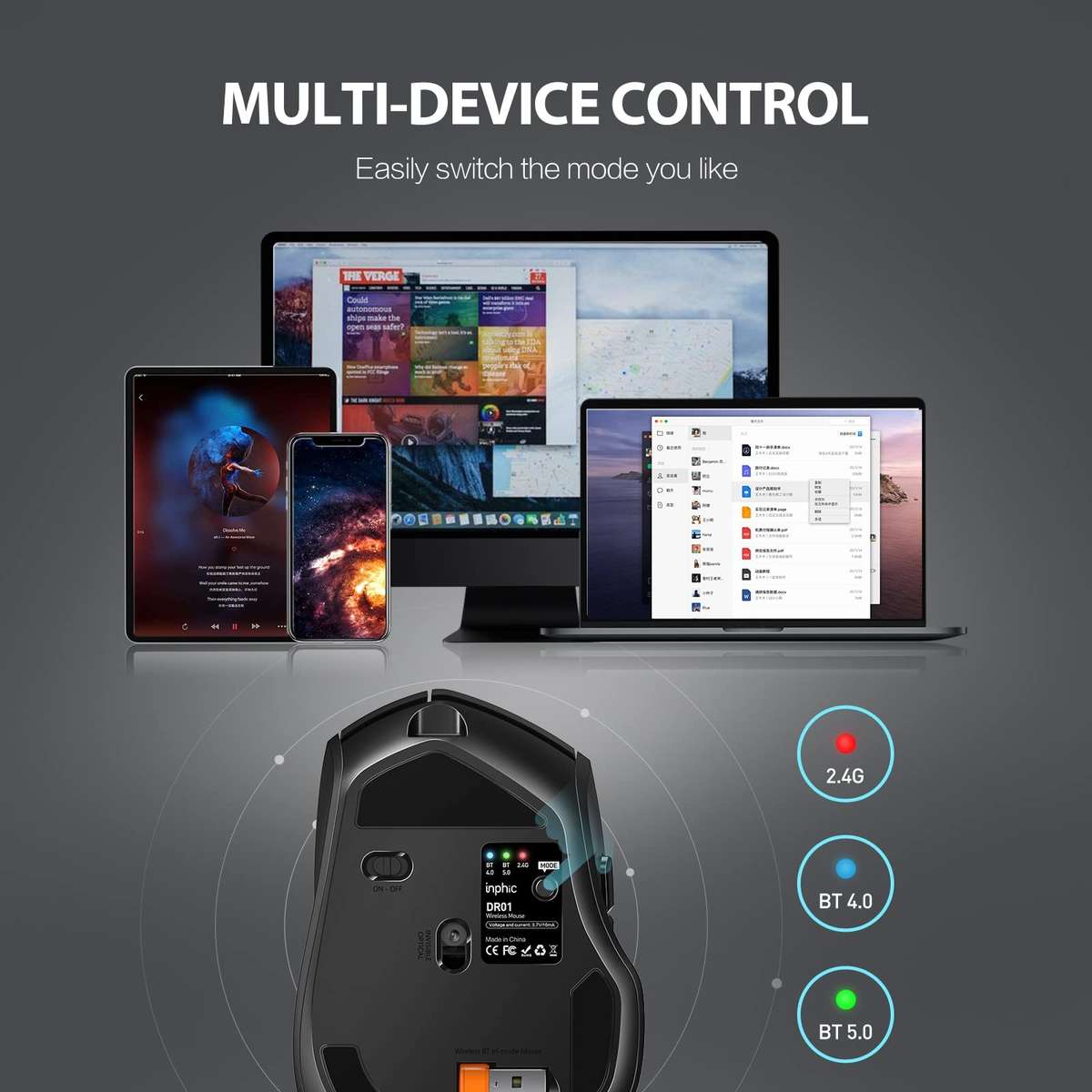 Inphic DR01 Bluetooth 3 Mode Wireless Mouse Charging Quiet Office Game Laptop Computer Home Use(Blac