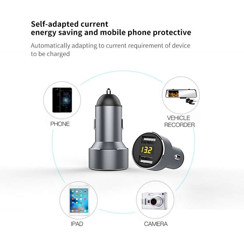 Mini Multifunctional Dual USB Digital Display Car Charger(Grey)