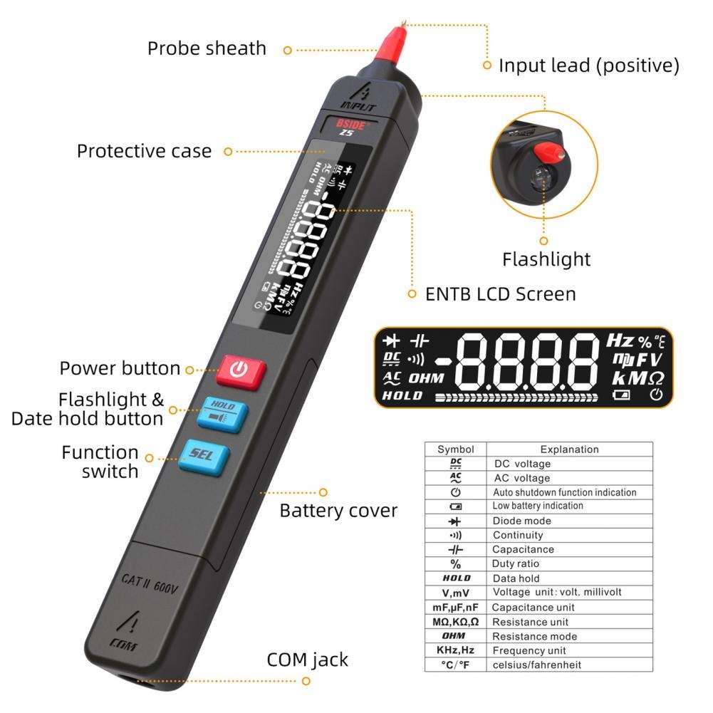 BSIDE Z5 Smart Pen Multimeter Backlight LCD 6000 Counts Auto Voltage Detector