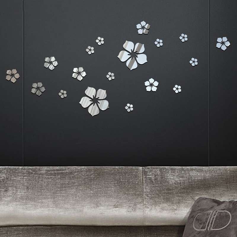 18pcs /Set Acrylic Cherry Blossom Mirror Wall Sticker Living Room Bedroom Background ... (Silver)