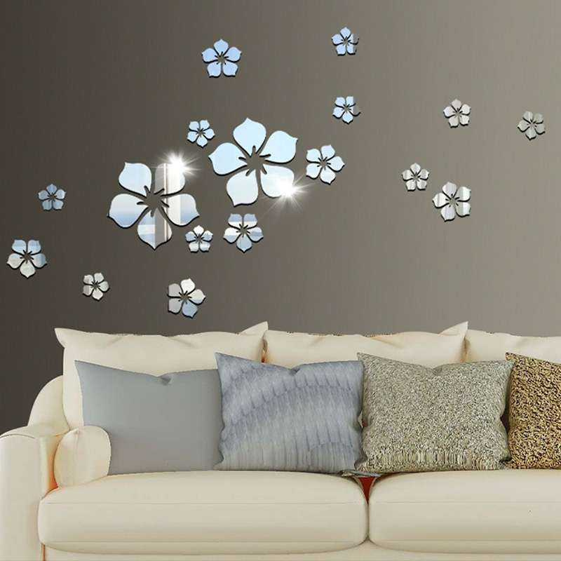 18pcs /Set Acrylic Cherry Blossom Mirror Wall Sticker Living Room Bedroom Background ... (Silver)
