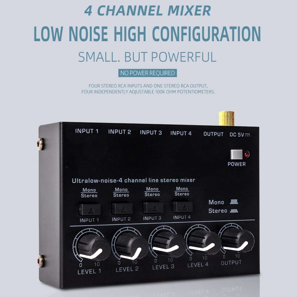 Ultra-compact 4 Channel Stereo Sound Low-noise Mixer For Recording Live Broadcasting, US Plug(MAX400