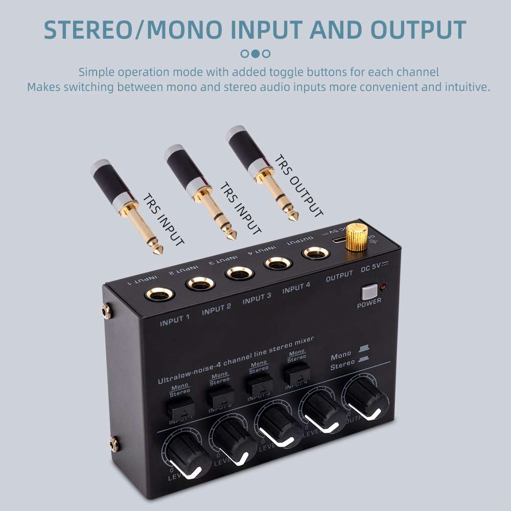 Ultra-compact 4 Channel Stereo Sound Low-noise Mixer For Recording Live Broadcasting, US Plug(MAX400
