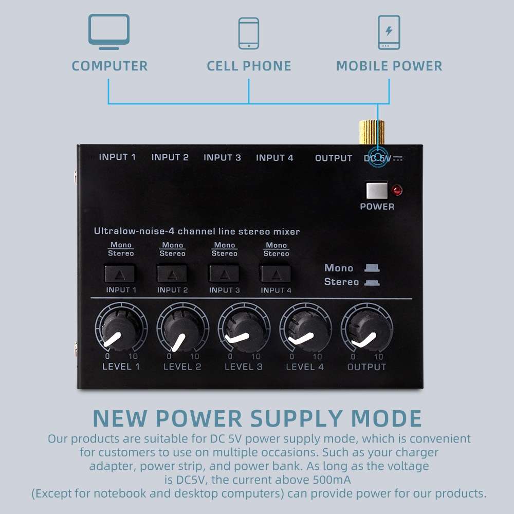 Ultra-compact 4 Channel Stereo Sound Low-noise Mixer For Recording Live Broadcasting, US Plug(MAX400