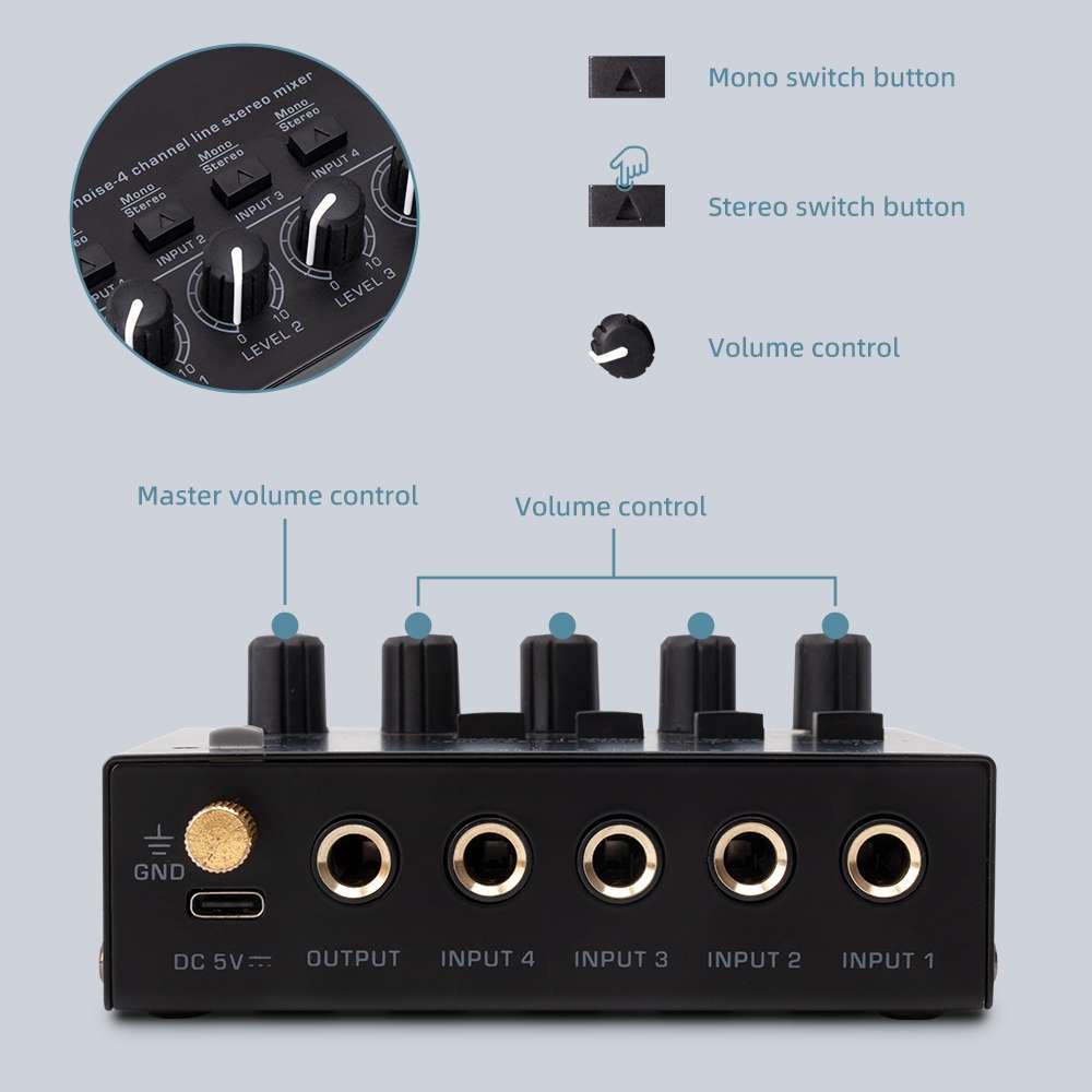 Ultra-compact 4 Channel Stereo Sound Low-noise Mixer For Recording Live Broadcasting, US Plug(MAX400