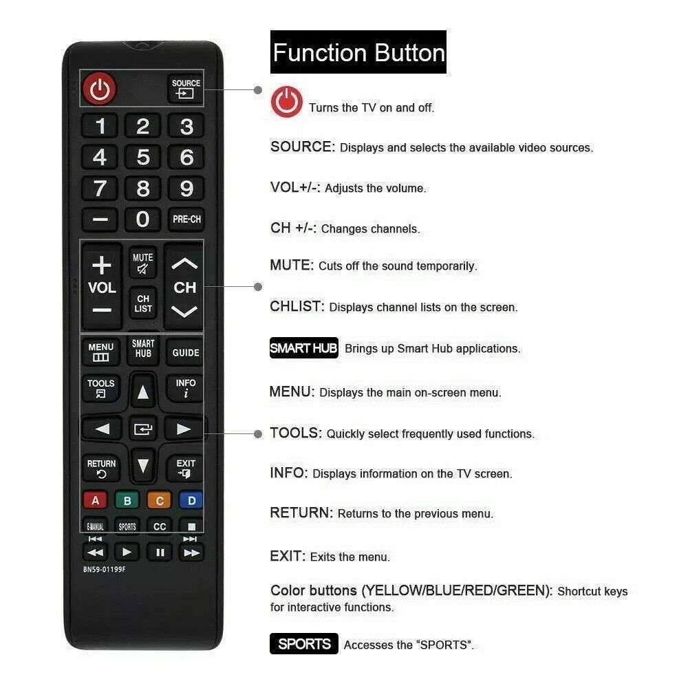 BN59-01199F For Samsung LED LCD Smart TV Remote Control Replacement (Black)