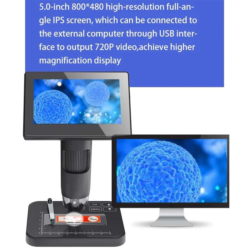 HD Electronic Digital Microscope 5 Inch Screen Touch Key 8000X Biological Cell Electronic Magnifying