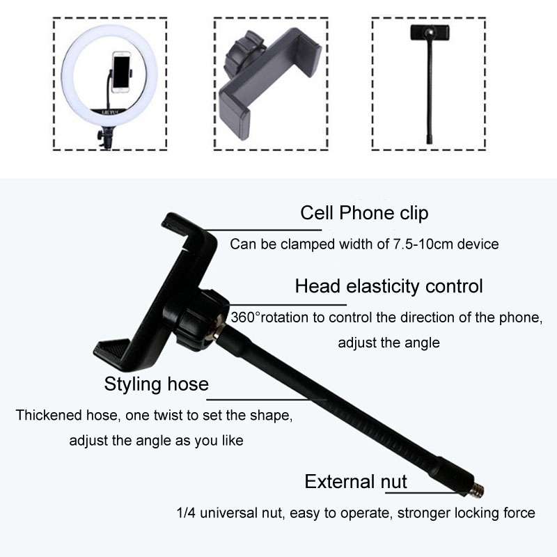 Live Beauty Ring Light Phone Clip 360 Rotating Heads Hose Clamp Stand(Black)