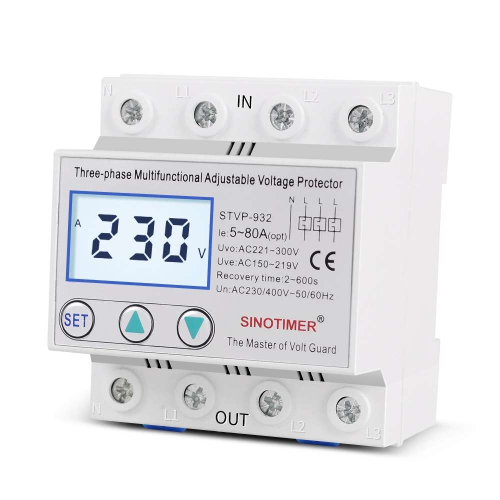 SINOTIMER STVP-932 63A 3-phase 380V LCD Self-resetting Adjustable Surge Voltage Protector