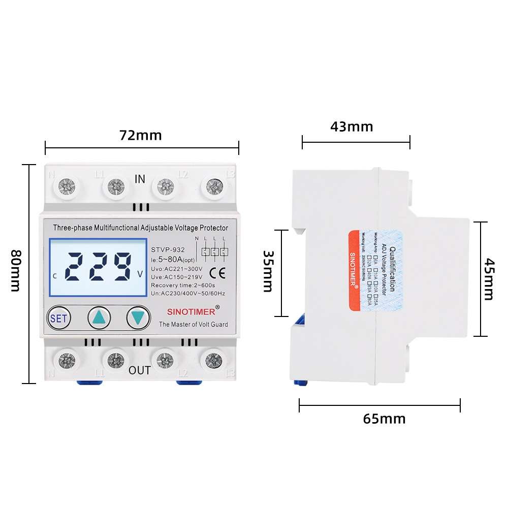 SINOTIMER STVP-932 63A 3-phase 380V LCD Self-resetting Adjustable Surge Voltage Protector