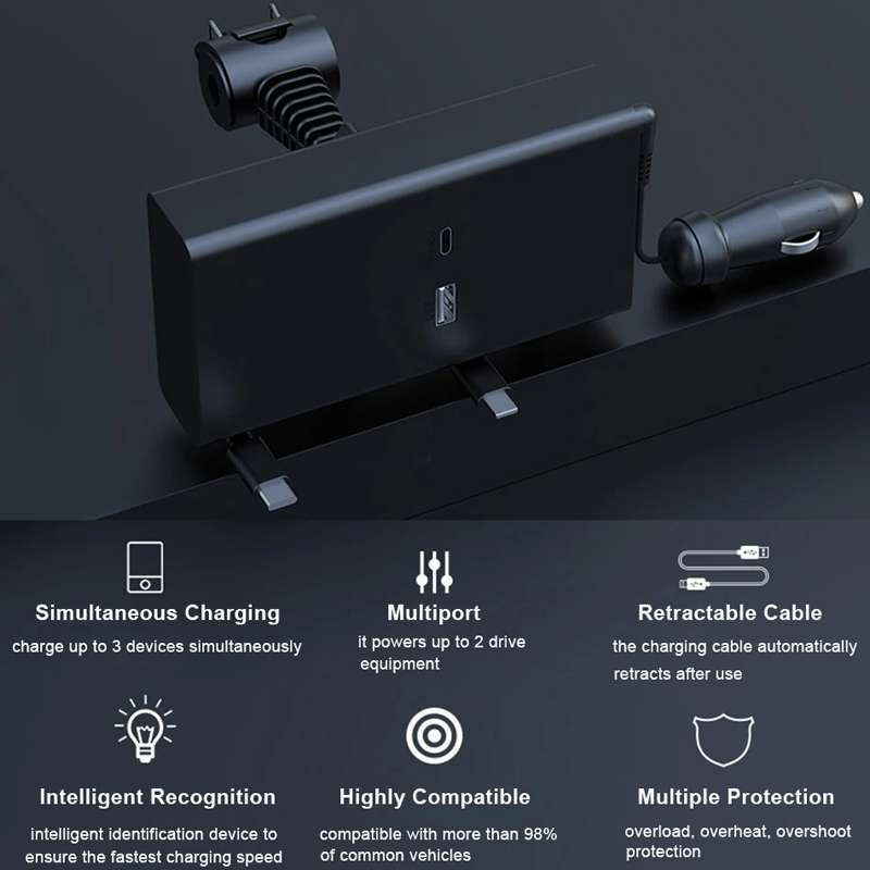 Car Cigarette Lighter Rear Seat Retractable Dual-Wire Charger(Black)